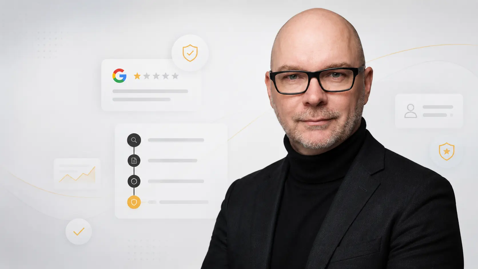 Stefan Budde-Siegel in schwarzem Sakko vor stilisierten Symbolen zur Prüfung und Beanstandung einer Google-Bewertung